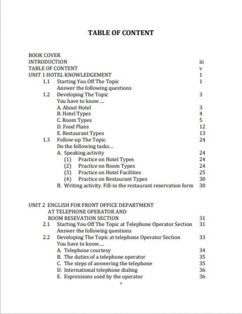 HAND BOOK OF ENGLISH AT ROOM DIVISION daftar isi